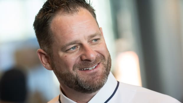 Nov 10, 2023; Cleveland, OH, USA; Cleveland Guardians manager Stephen Vogt talks to the media during an introductory press conference at Progressive Field.